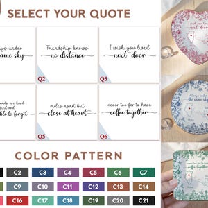 May include: The image showcases personalized gifts with quotes like "Always under the same sky" and "I wish you lived next door." It includes heart-shaped and round decorative plates, and coasters, each featuring state outlines. A color palette chart is also visible.