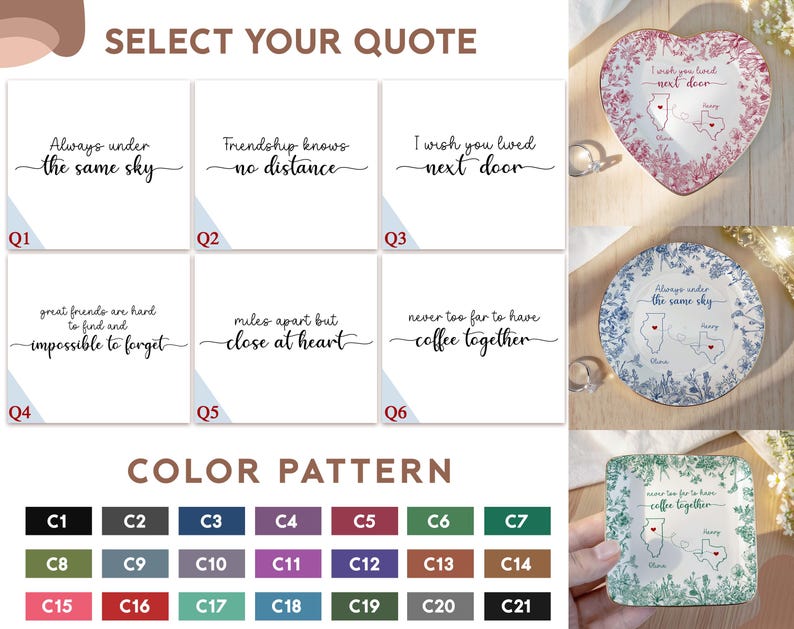 May include: The image showcases personalized gifts with quotes like "Always under the same sky" and "I wish you lived next door." It includes heart-shaped and round decorative plates, and coasters, each featuring state outlines. A color palette chart is also visible.