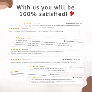 May include: Image featuring customer reviews with a 5-star rating, showcasing positive feedback. Text reads "With us you will be 100% satisfied!" and includes comments about gifts and pet portraits.
