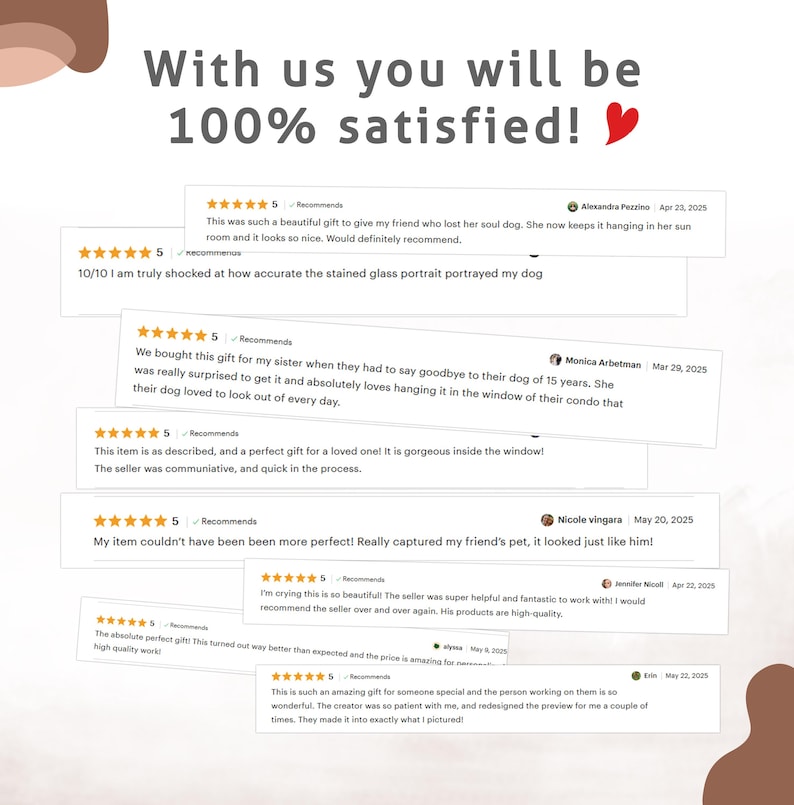 May include: Image featuring customer reviews with a 5-star rating, showcasing positive feedback. Text reads "With us you will be 100% satisfied!" and includes comments about gifts and pet portraits.