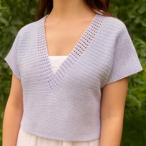 Crochet V Neck Summer Top Pattern - Easy PDF Pattern for Women’s Short Sleeve Blouse, Light Cotton Yarn Festival Tee