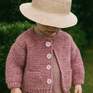 May include: A child wearing a light pink knitted cardigan with four white buttons and two front pockets. The child is also wearing a straw hat with a wide brim. The background is a blurred green.