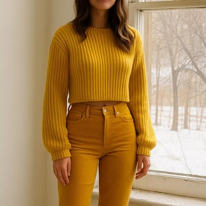May include: Mustard yellow ribbed knit cropped sweater and matching corduroy pants. The sweater has long sleeves and a crew neck. The pants have a high waist and a button closure. The outfit is worn by a person standing in front of a window.