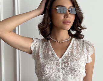 White Lace Crop Top with Pearly Buttons | Sheer See-Through Blouse | Elegant Boho Chic Top