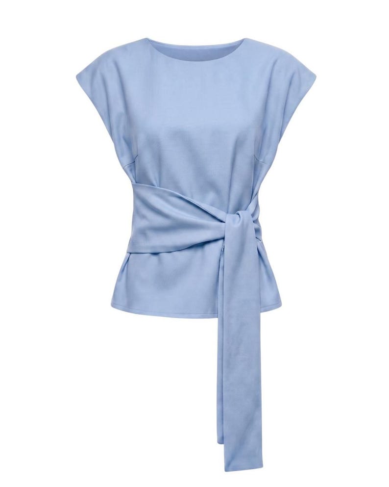 Tencel-omlottopp, blus med justerbar midja, t-shirt med knytband, minimalistisk sommarskjorta Blå