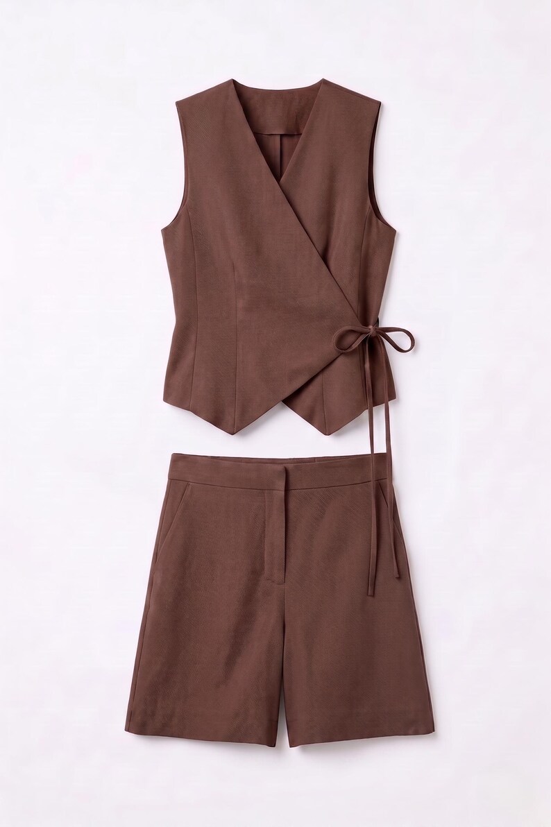 May include: A two-piece brown outfit featuring a sleeveless wrap top with a tie closure and matching shorts. The shorts have a tailored fit with front pockets. The outfit is made of a solid-colored fabric.