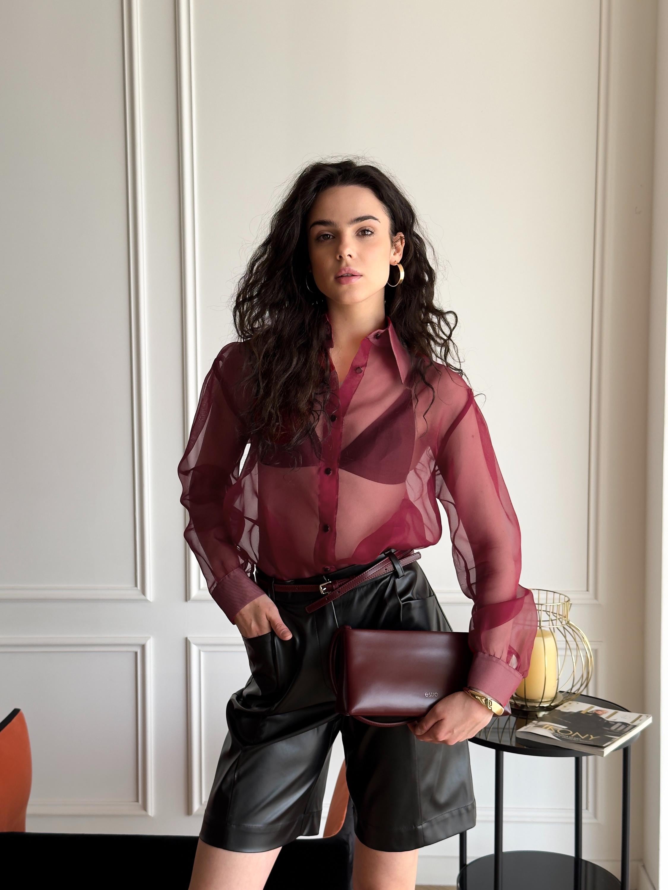 Burgundy Silk Sheer Blouse: Elegant See-through Layering Top - Etsy