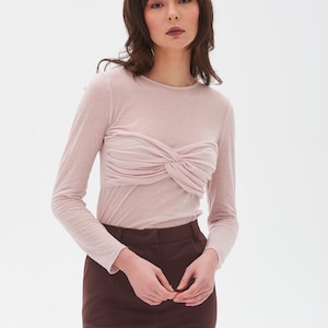 Elegant Sheer Cotton Top in Light Pink | See-Through Long Sleeve with Draped Detail