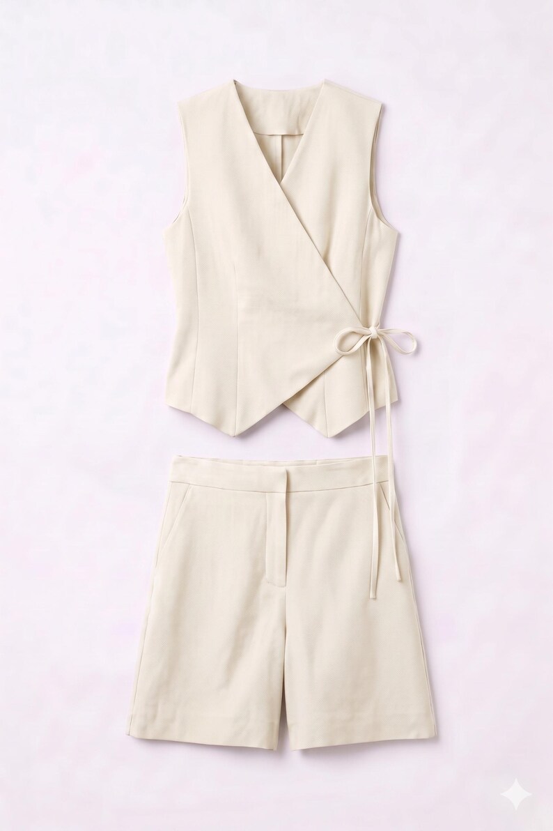 May include: A cream-colored two-piece outfit featuring a sleeveless wrap top with a tie closure and matching shorts. The ensemble is made of a smooth, solid-colored fabric, perfect for a coordinated look.