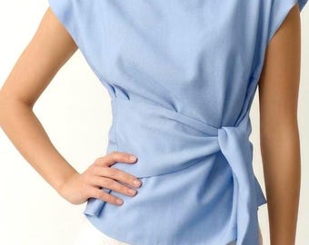 Tencelknytningstopp i midjan, elegant sommarblus, minimalistisk kortärmad skjorta, blus med justerbart skärp