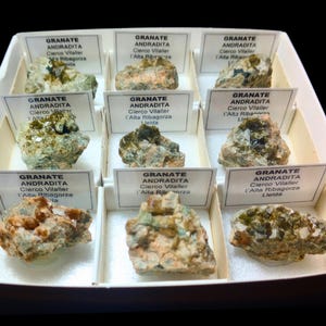May include: A collection of nine green and brown andradite garnet specimens in a white display box. Each specimen is labeled with the name "Granate Andradita" and the location where it was found.