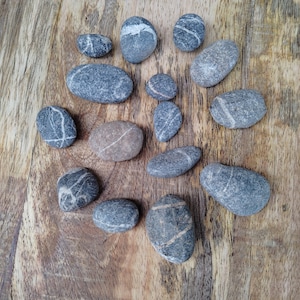 Puede incluir: Una colección de piedras lisas, grises y marrones con vetas blancas dispuestas sobre una superficie de madera.