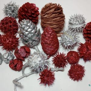 May include: A collection of pine cones and other natural elements painted in silver and red glitter. The cones are arranged on a white surface.