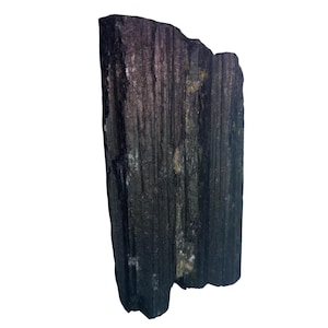 May include: A dark gray, naturally formed, rough-textured, elongated rock with striations. The rock has a slightly iridescent sheen.