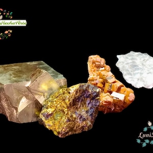 May include: A collection of four crystals: a large, gold-colored pyrite cube, a smaller, gold and purple pyrrhotite crystal, a cluster of orange-red crystals, and a white, translucent selenite slab.