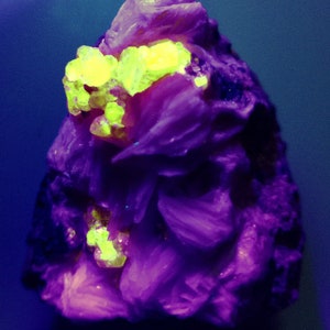 Puede incluir: Un cúmulo de cristales morados con acentos amarillos brillantes. Los cristales están dispuestos en un cúmulo, con los acentos amarillos dispersos por toda la estructura. Los cristales están iluminados por una luz UV, lo que hace que brillen.