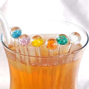 Drink Stirring Sticks for Cocktails, Coffee, Tea | Floral Handmade Glass Flower Stirrer Set | Wedding Decor | Murano Glass Swizzle Sticks