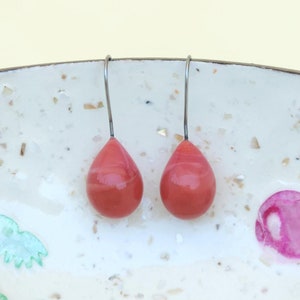 Classical Handmade Glass Coral Teardrop Earrings - Murano Lampwork Jewelry - Modern Elegant Earrings - Artistic Look, Minimalist Design