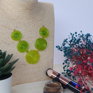 Lime Green Transparent Glass Necklace & Earrings Set - Elegant Geometric Spiral Disc Murano Jewelry -Stunning Visual Effect, Wearable Art