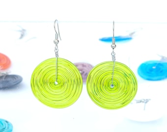 Colorful Handmade Glass Spiral Earrings | Lampwork Murano Flameworked Jewelry | Transparent Artistic Disc Dangle Earrings