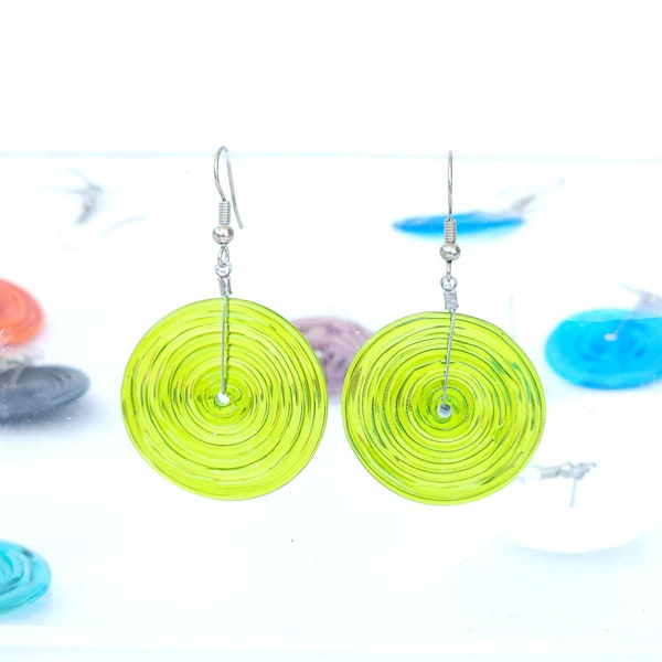 Colorful Handmade Glass Spiral Earrings | Lampwork Murano Flameworked Jewelry | Transparent Artistic Disc Dangle Earrings