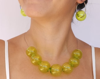 Green Glass Handmade Murano Bubble Necklace and Earrings Set -Glassblowing Art, Flameworked Whimsical Jewelry, Perfect for Evening Cocktails