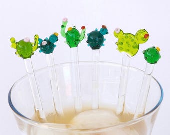Cocktail Stirrers, Murano Glass Cactus Designs | 11–18 cm, Spoon Or Sphere End