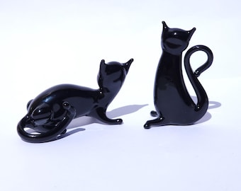 Statuette de chat noir en céramique rétro Mid-Century Yeux