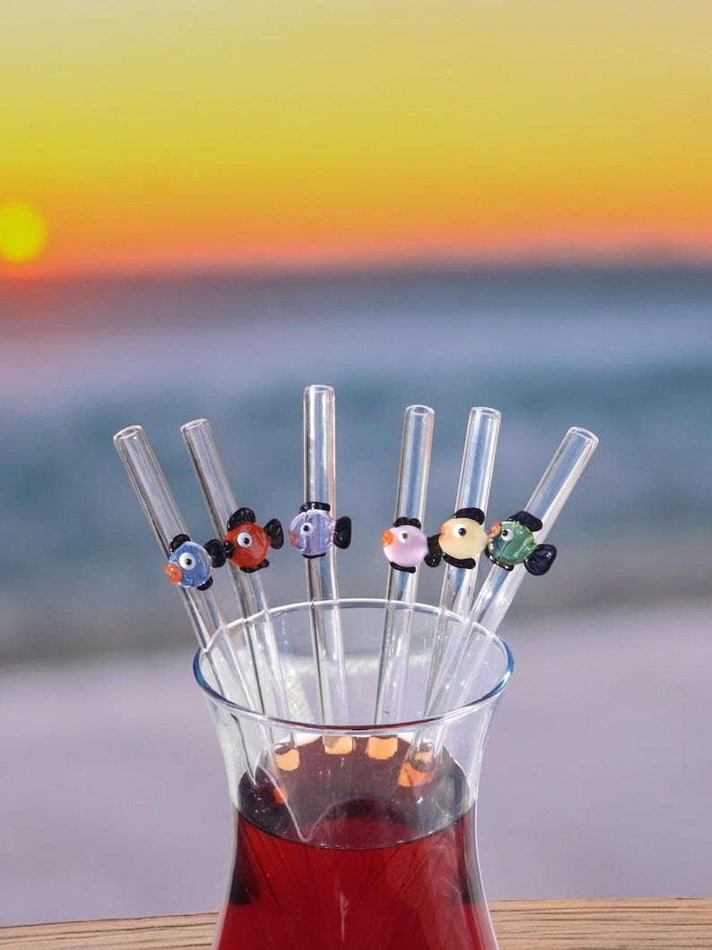 Handmade Glass Straws with Colorful Fish | Eco-Friendly, Reusable
