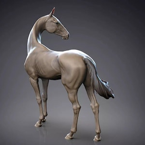 May include: A detailed sculpture of a horse in a neutral color, viewed from the rear. The horse is standing with its head turned, showcasing its elegant form and muscular build. The background is a gradient of dark gray.