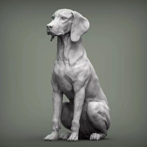 May include: A detailed, grayscale sculpture of a dog in a seated position. The dog has large, floppy ears and a focused gaze. The sculpture is set against a neutral background, highlighting the intricate details of the dog's form.