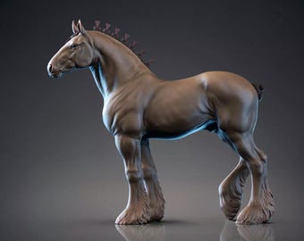 May include: A detailed sculpture of a brown horse in a walking pose. The horse has a muscular build, with detailed fur on its legs. The background is a gradient of dark gray. A gold and yellow emblem is in the upper left corner.