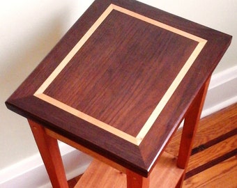 Peruvian Walnut Maple Inlay End Table, Tropical Cedar Shelf, Hardwood Furniture
