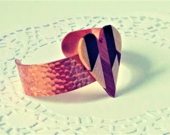 Bracelets- Cuffs Brass or Copper with Wood Mosaic Pendants