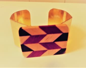Bracelets- Cuffs Brass or Copper with Wood Mosaic Pendants