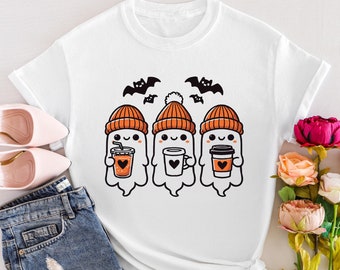 Cute Ghost Ice Coffee T-Shirt, Little Ghost Tshirt, Halloween Party Shirt, Cute Halloween Shirt, Womens Halloween Shirt, Spooky Season Shirt