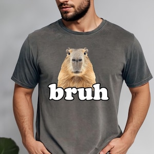 May include: Dark grey t-shirt featuring a capybara with the word "bruh" in white, outlined in black. The capybara is centered on the shirt and has a light brown and grey color. The shirt has short sleeves and a crew neck.