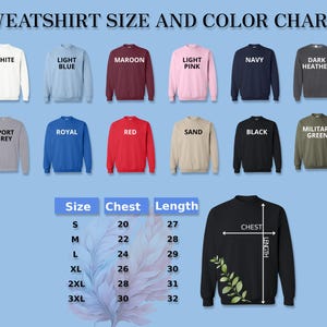 Puede incluir: Tabla de tallas y colores de sudaderas con 12 opciones de colores diferentes. La tabla muestra el tama&ntilde;o en pulgadas para el pecho y la longitud. Las tallas van de la S a la 3XL.