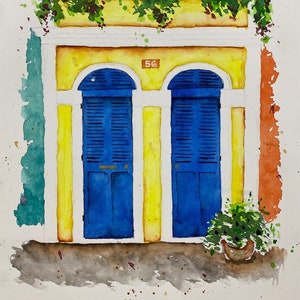 Old San Juan Watercolor Painting, Old San Juan Art, San Juan Puerto Rico, San Juan Houses, San Juan Doors, Puerto Rico Souvenir