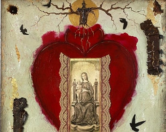 Mexican Sacred Heart Mixed Media Painting with Tree of Life