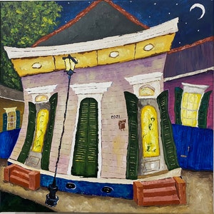 New Orleans Wacky Shotgun House Painting under a Night Sky Art