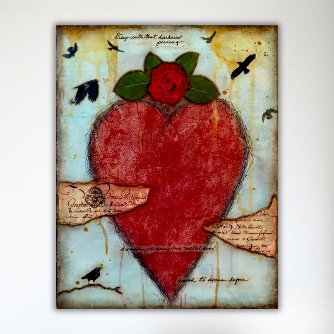 Sacred Heart With Crows and Roses Encaustic and Mixed Media