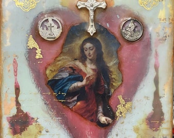 Sacred Heart Mexican Mini Painting 6x6 Encaustic Painting Series with Found Objects creating beautiful Religious Paintings