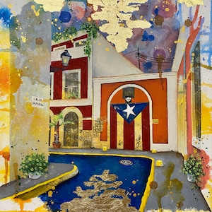 Old San Juan Door Art, Puertorican Flag, Old San Juan Street Painting, Borinquén Treasure, Puertorican Art