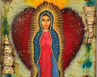 Mexican Sacred Heart with Virgen de la Guadalupe interpretation Mixed Media Painting