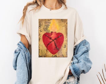 Sacred Heart Barbed Wire Unisex T-shirt, Original Art Print, Religious Graphic Tee, Artistic Painted Shirt, Religious Symbol Shirt