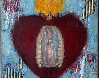 Virgin of Guadalupe Mexican Sacred Heart Mixed Media Painting