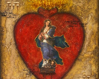 Mexican Sacred Heart Painting with Virgin of the Apocalypse Imaging and Mixed Media