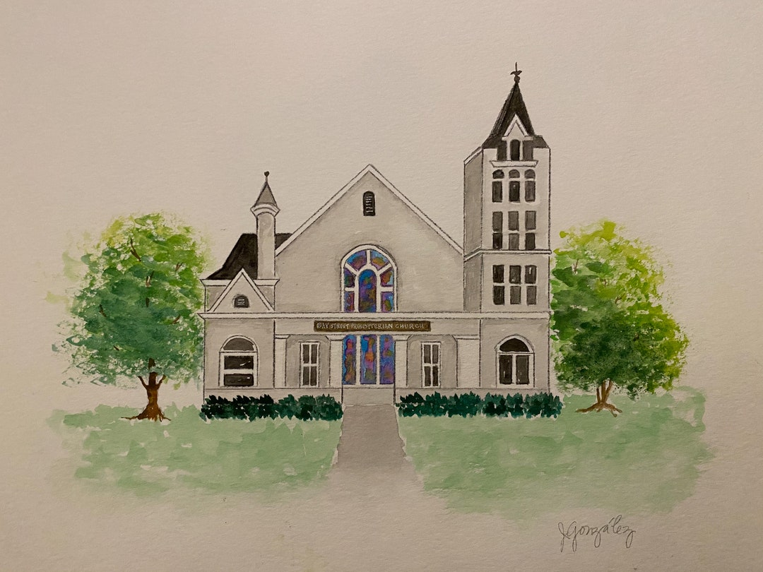 Hattiesburg Street Scene Bay Street Presbyterian Church Watercolor