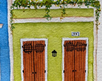 家　絵画 オレンジ、青、緑の家を描いたオールドサンファンの絵画 - Etsy 日本